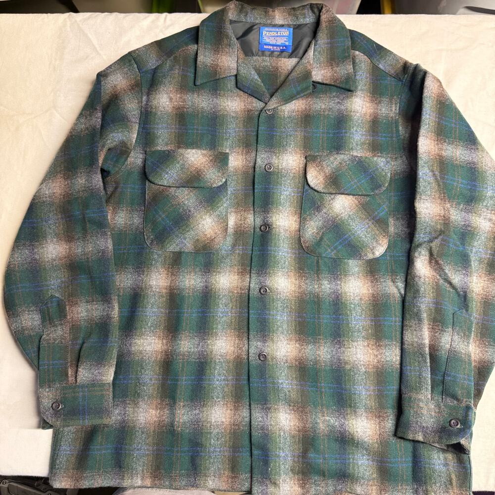 Pendleton Wool Board Shirt Vtg Ombre Shadow Plaid Loop Collar Flap Pocket Medium